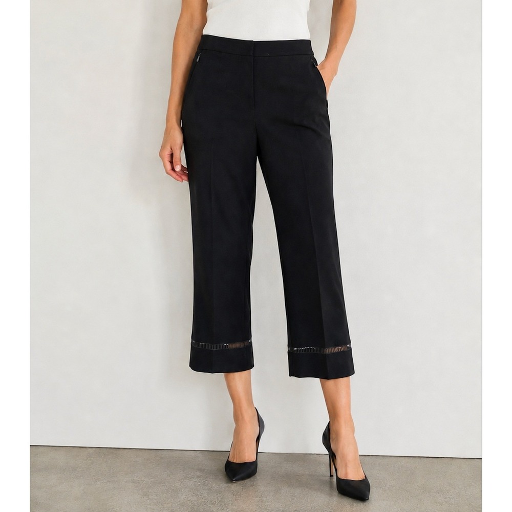 Elie Tahari Womens‎ 10 Wide Leg Dress Pants Cropped Detailed Trim Trousers Black